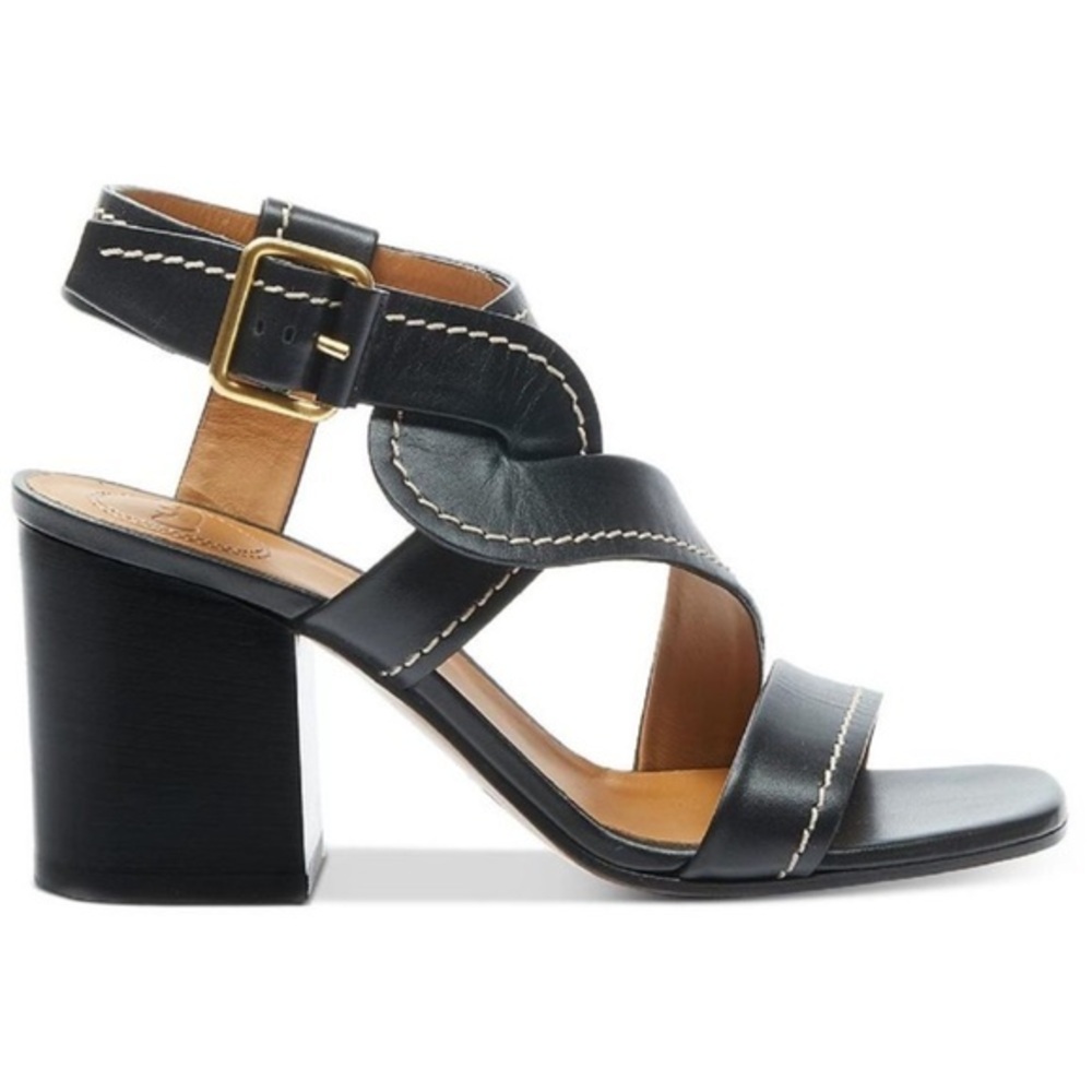 Chloe Black Leather Block Heel Sandals with Gold Buckle
